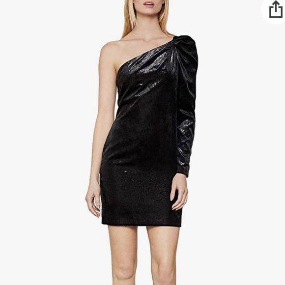 BCBGMAXAZRIA One Shoulder Long Sleeve Shimmer Velvet Mini Dress Black 4 - Picture 8 of 9
